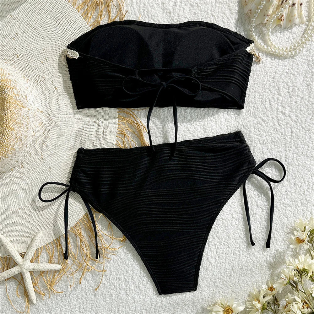 Vintage Black Bikini Star Border Shell Backless Lace Up Bandeau Swimsuit Women Boho Vacation Swimwears Beach Outfit Bathing Suit