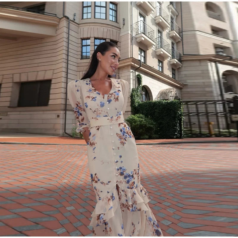 Print Chiffon Long Dress Women V Neck Half Sleeves High Waist Ruffles Belts Split Robe Female 2026 Summer Chic Vacation Dresses