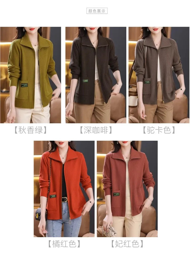 Knitted Cardigan Jacket Women Zipper Lapel Sweater Autumn Winter Outerwear