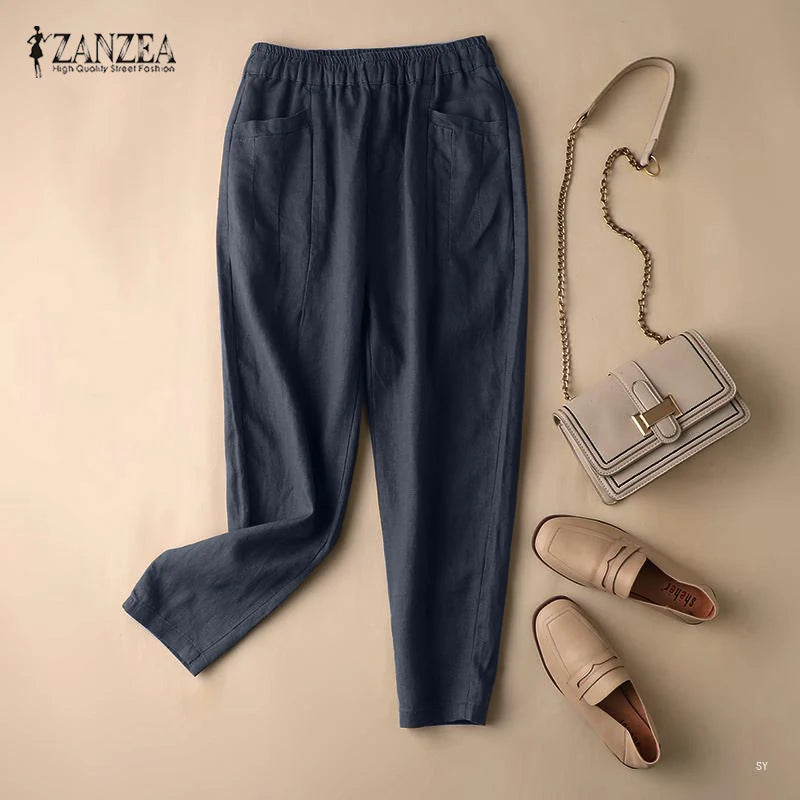 ZANZEA Summer Trousers Women Vintage Cotton Pants Elastic Waist Solid Harem Pant Casual Loose Pantalon Oversize Turnip Palazzo
