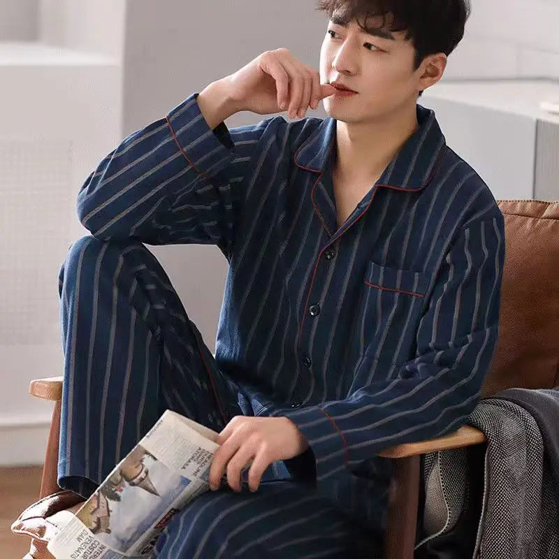 Pajamas for Men Spring and Autumn Long-Sleeved Young Men's Simple Casual Lapel Autumn and Winter Home Wear Set
