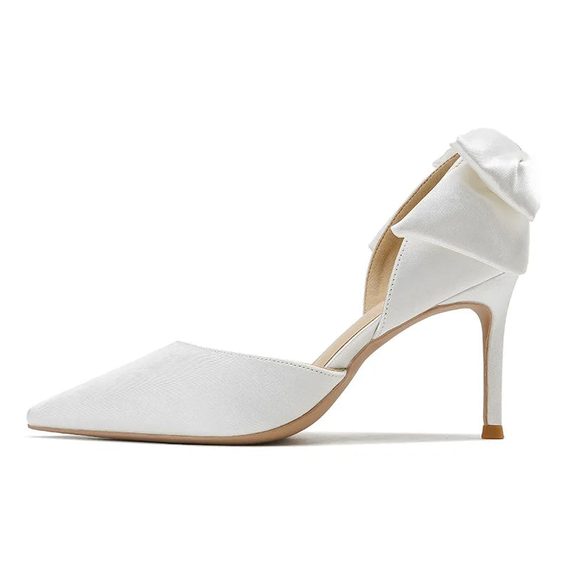 2022 New Solid Color Fashion Design Stiletto Bow Hollow Women's Wedding Shoes Women's Exquisite Shallow Mouth Satin High Heels