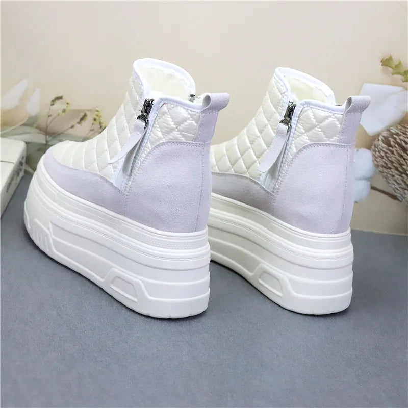 12cm Winter Leather Silver Women Snow Boots Thick Sole Waterproof Warm Platform Boots Women Plush Mid-calf Boots Increases Heigh