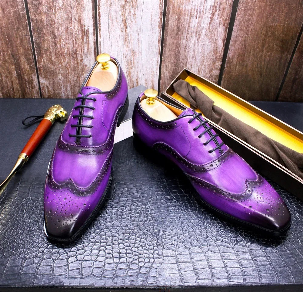 Noble Purple Handmade Mens Brogue Carved Leather Shoes Genuine Leather Men's Dress Shoes Classic Business Formal Shoes for Men