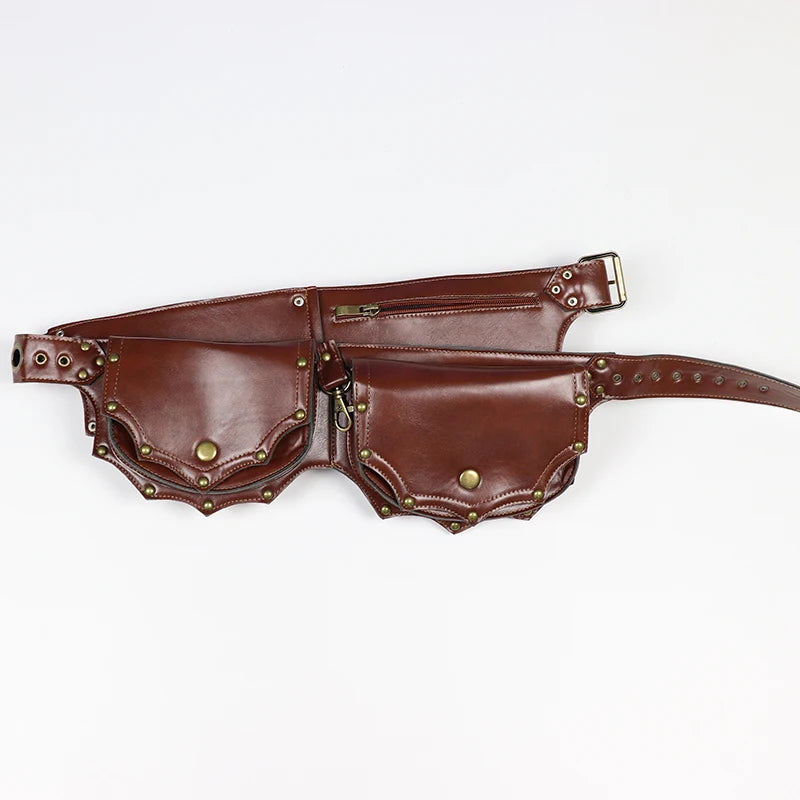 Women's Waist Bag Medieval Steampunk Pu Leather Belt Bag Retro Cosplay Costume Props Rivet Mountain Climbing Outdoor Sports Bag