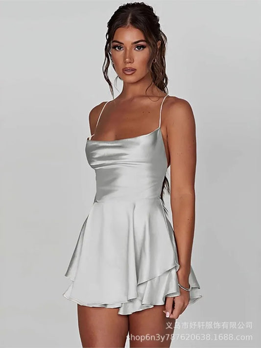 Sexy Dress Mini vestidos Elegant Bodycon Spaghetti Strap solid Color Leace-up Fashion Simple Style Banquet Backless Ruffles Slim