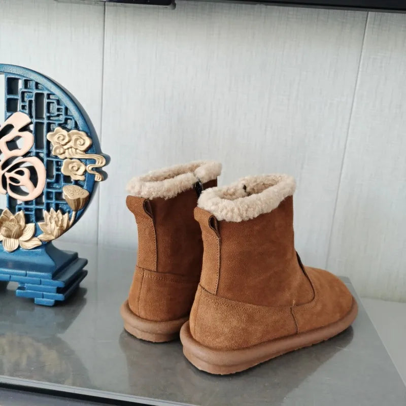 Careaymade-Genuine cow leather Snow cotton round head flats woolen short boots plush warm snow boots Oversized shoes size 35-43