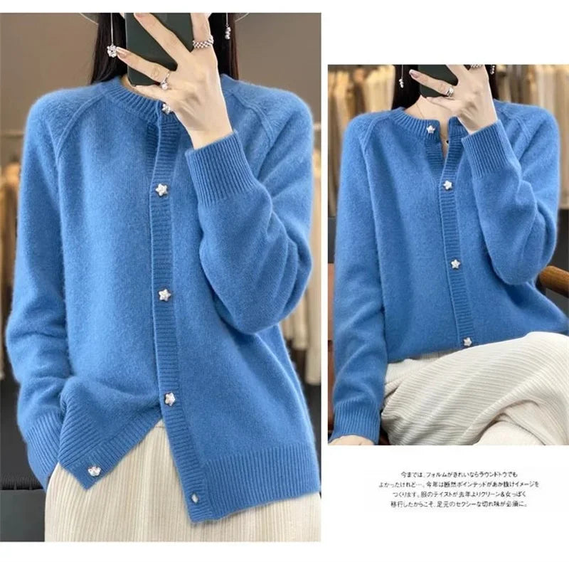 New Women Cardigan Sweater Autumn/Winter Round Neck Star Button Solid Knit Bottoming Shirt Jacket Quality Knitwear Female Tops