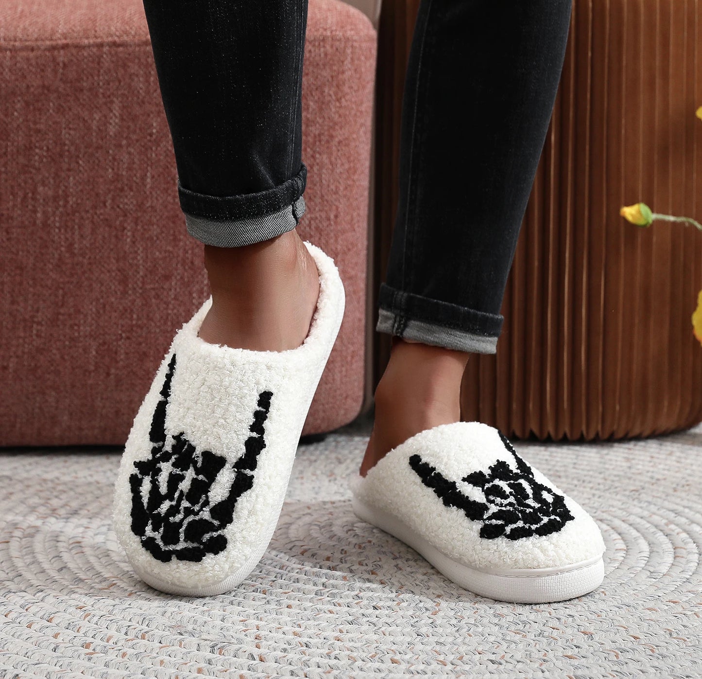 Skull Toe Pattern Personality Dark Style Embroidery stuffed Home Platform Cozy Fur Cotton Slippers Warm Non-slip Indoor Slippers Men Women Halloween Gift