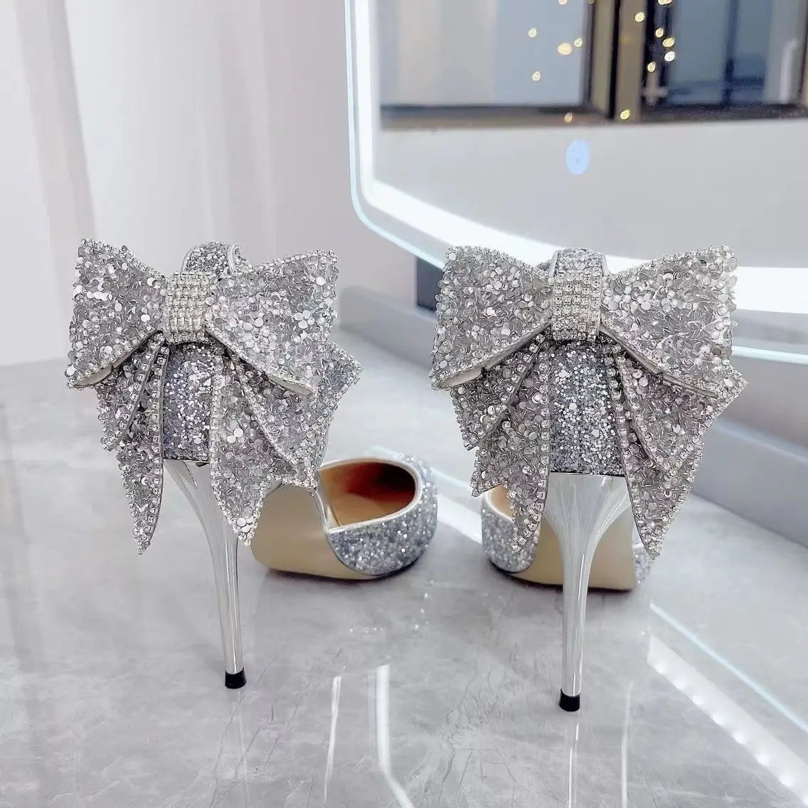 Shoes for Woman 2025 Stilito Silver Women's Summer Footwear Wedding Bride Shoe Rhinestone Pointed Toe Super High Heel Diamond 39