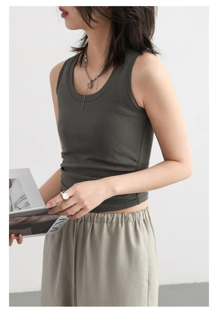 CHIC VEN Women Tanks New Solid Color Tees U-neck Pleated Vest Suspender Sleeveless Slim Female Top Spring Summer 2024