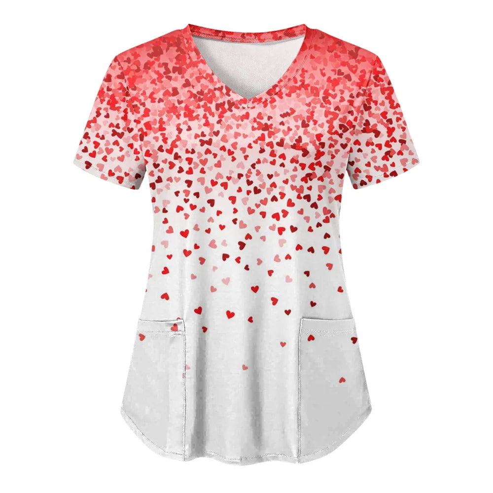 Tops Women Scrub Nurse Print Short Sleeve Cartoon V-Neck Tops Working T-Shirts Heart Print Healthcare Tunic Carers Workwear Tops