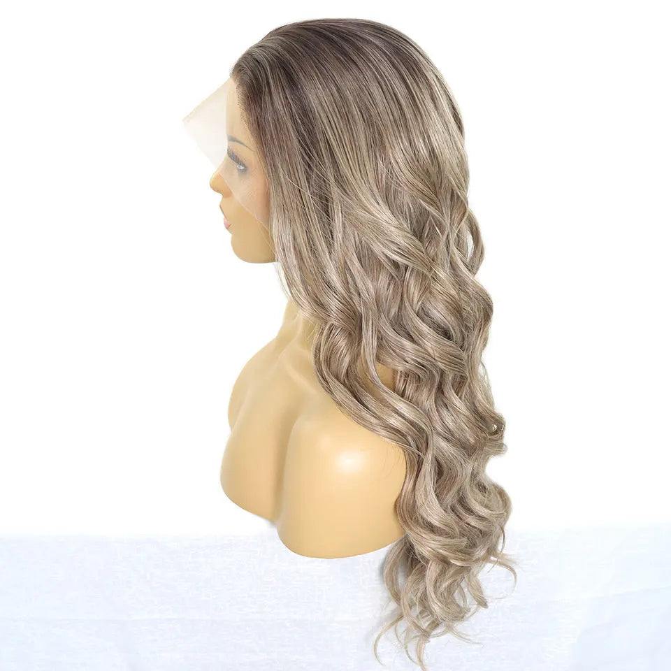 Loose Wave Ash Blonde Wig Dark Roots Synthetic Lace Front Wigs 13x4 Colored Grey Transparent Lace Curly Wig For Women Daily Use