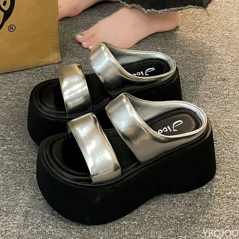 Summer 2025 Women's Fashionable Wedge Heels Slides Chunky Sandals High Heels casual Woman Beach Thick Bottom comfort Flip Flops