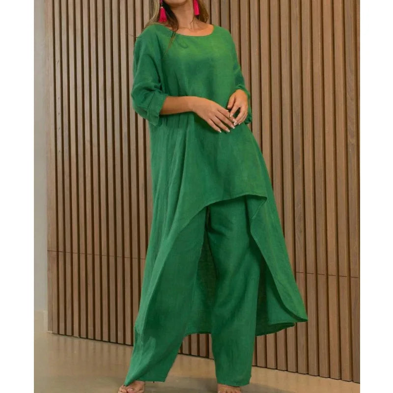2 Piece Women Set African Clothes Women Outfits Cotton Linen Suit Long-Sleeved Top Pants Oversize Trousers Casual Party Set 2024