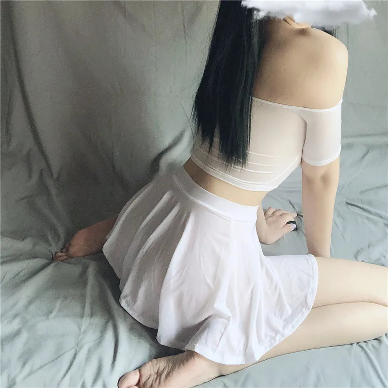 Sexy Pleated Skirts Women Flimsy Blouse See-through Sexy Bust Skirt Summer Solid Color Sexy Tempting High Waist A-line Skirt
