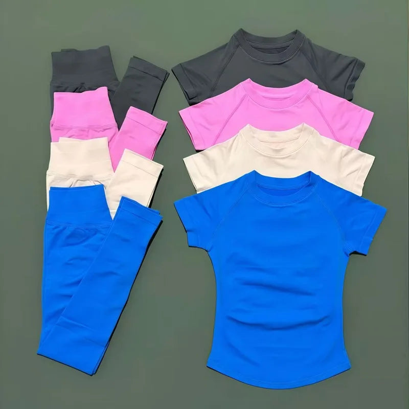 2 Pieces HISTELLO Yoga Set Women Short Sleeve Crop Top Low Waist Butt Lifter Leggings Seamless Breathable Stretch Fitness Sets