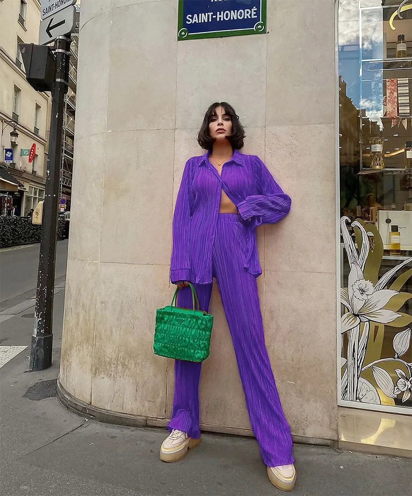 New Two Piece Set Women Outfits Pleated Women's Elegant  Drape Loose Sets Shirt High Waist Trousers Female Suit Fashion Casual