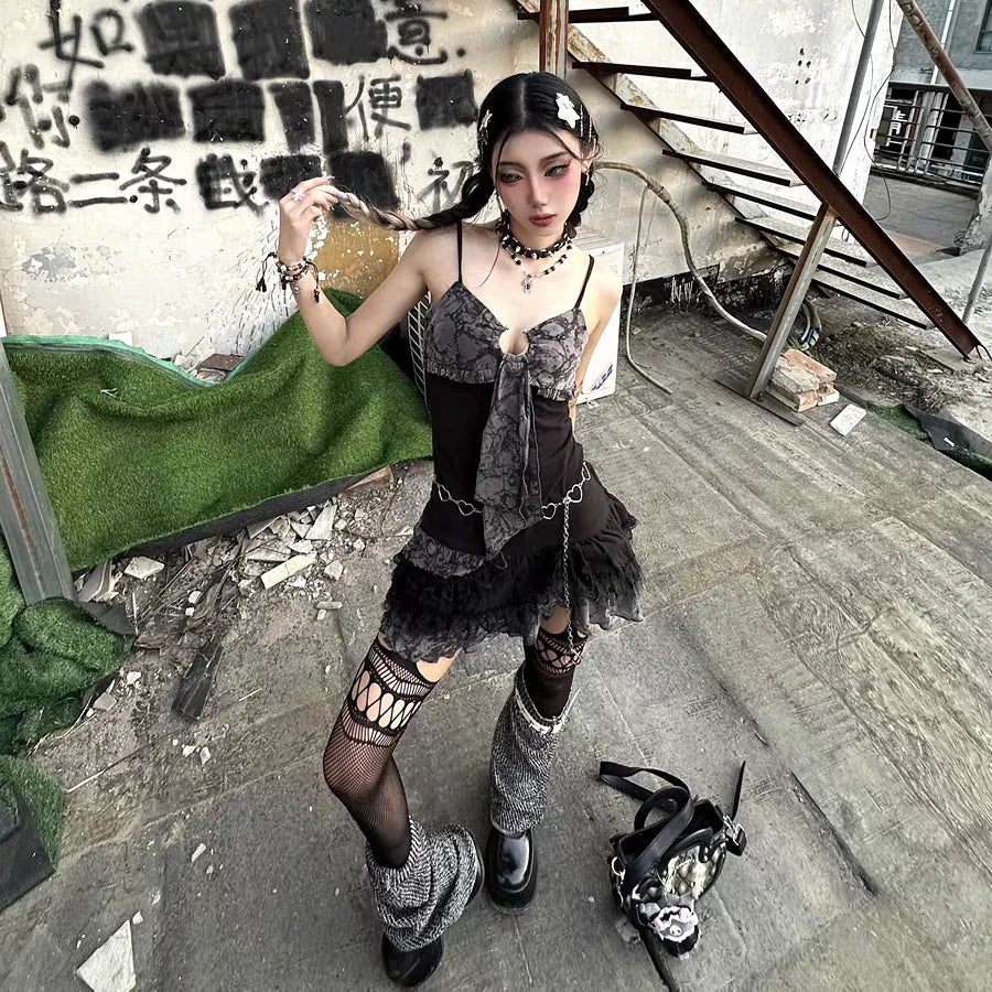 Sexy A-line Short Dress Girl Streetwear Punk Hotsweet City Goth Clothing Y2K Summer Coquette Top 2000s Party Skirt Sling Dresses