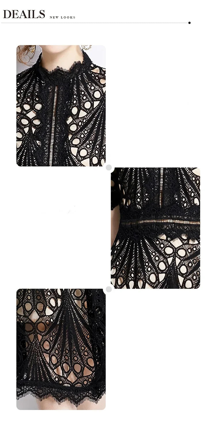 SMTHMA Vintage High-End O-Neck Short Sleeve Lace Hollow Out Dress For Women's Summer Slim Elegant Long Dress Female Clothing