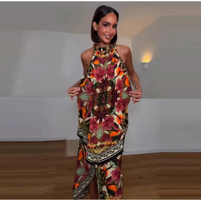 Halter Neck Floral Print Split Set Sleeveless Casual Top Tropical Wrap Slit Maxi Skirt 2026 Summer Bohemian Holiday Women Outfit