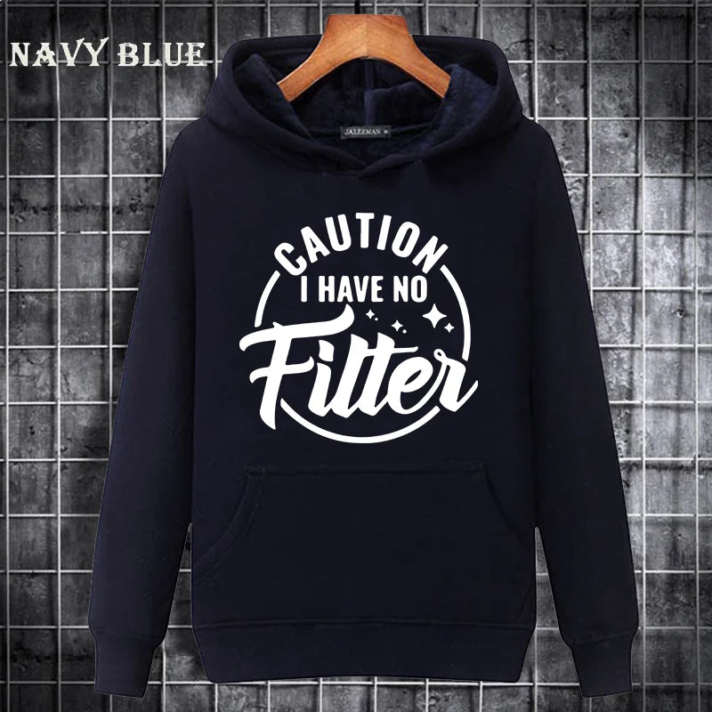 Caution I Have No Filtes Printed Hoodie, Women's Casual Pocket Pullover, Autumn/Winter Fleece Sweatshirt, Comfortable Hoodie