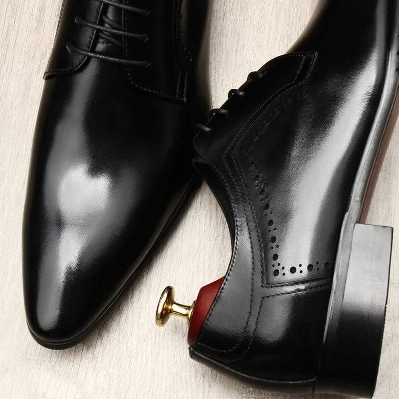 Leather shoes for men, lace up shoes for men, pointy, leather, high-end wedding, dress, Oxford, Lefu shoes, large, British style