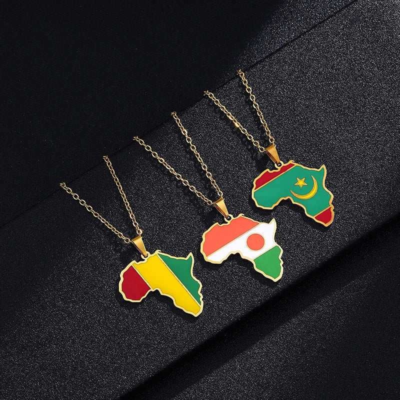 African Map Flag Pendant Necklace Stainless Steel Men Women Rwanda Sudan Uganda Zimbabwe Zambia Ethnic Maps Jewelry Gift