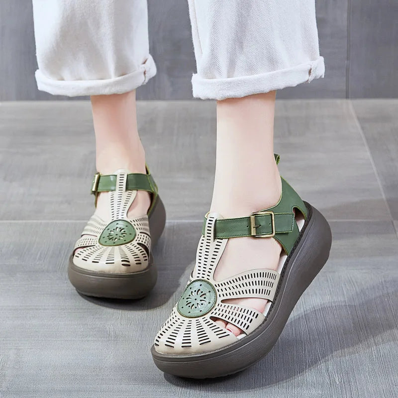 GKTINOO Genuine Leather Shoes Women Sandals Mixed Colors Retro Buckle Strap 2026 New Wedges Handmade Concise Platform Sandals