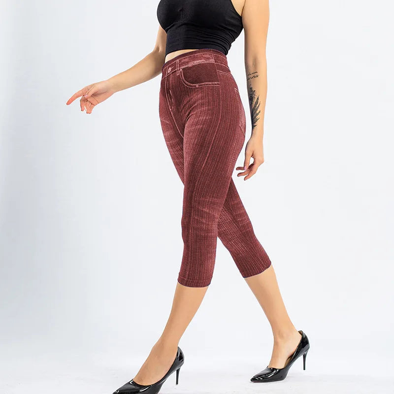 1pcs Womens Denim Print Leggings Female Fashion Slim Leggings Faux Jeans Leggings Lady Stretch Printed Leggins Pants Capri Pants