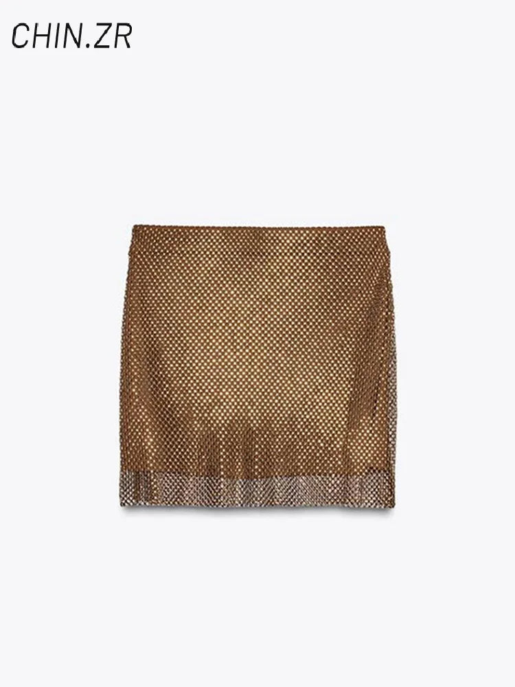 Sexy Rhinestone Strapless Vest Mini Skirt Sets Women Pleated Sleeveless Backless Tops Short A-line Skirts 2025 Summer Lady Suits
