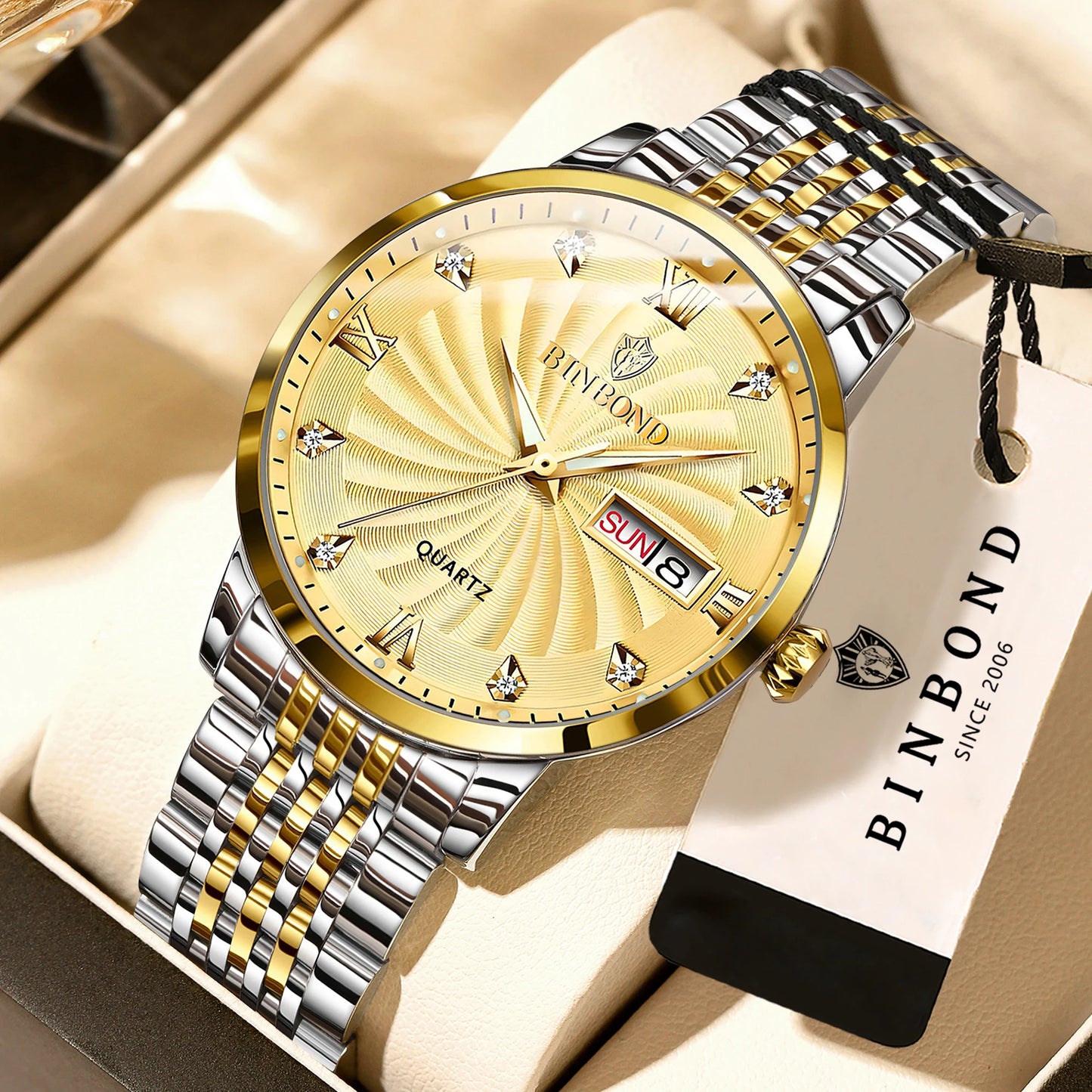 BINBOND Quartz Watches for Men Luxury Luminous Waterproof Precise Auto Date Week Display Men's Watch Casual Sturdy Reloj