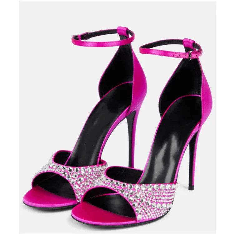Summer 2023 Internet Celebrity Rhinestone Open Toed Sandals Fashion Round Toe Slim Heel Sandals Sexy Wrapped Party Sandals 35-43