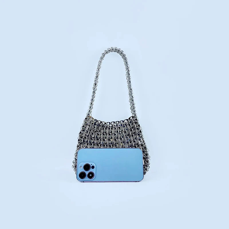 Shiny vintage iron sheet bag, hand-woven silver sequins, metal dumpling bag, mobile phone bag, handbag, shoulder bag