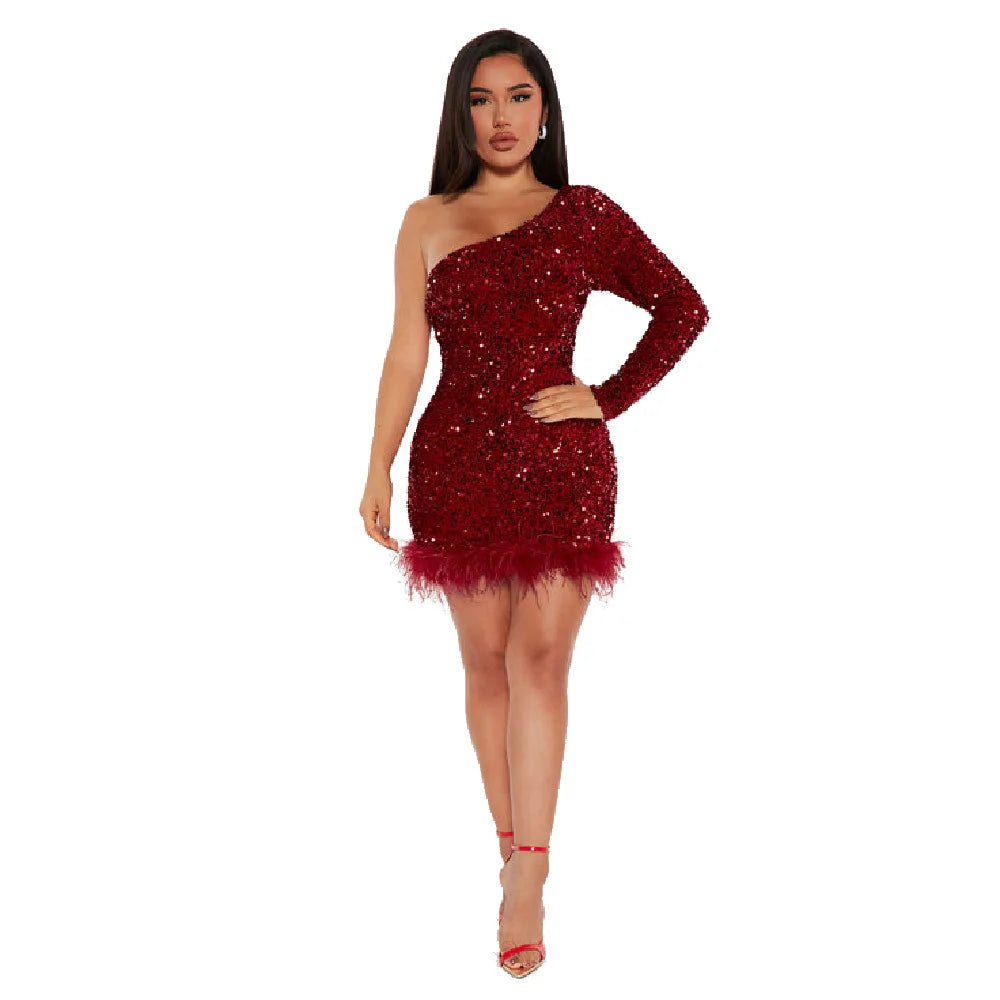 Sexy and Elegant Women's Party Dress Long Sleeved Diagonal Shoulder Off Shoulder Sparkling Edge Sequin Tight Women's Prom Dress
