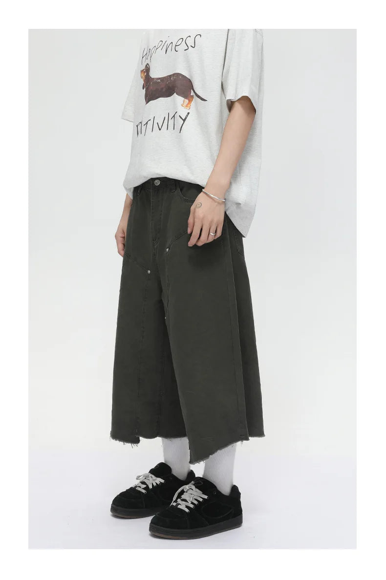 Men's Clothing | Tooling Logging Rough Edge Pure Cotton Loose and Simple Seven-point Denim Casual Pants