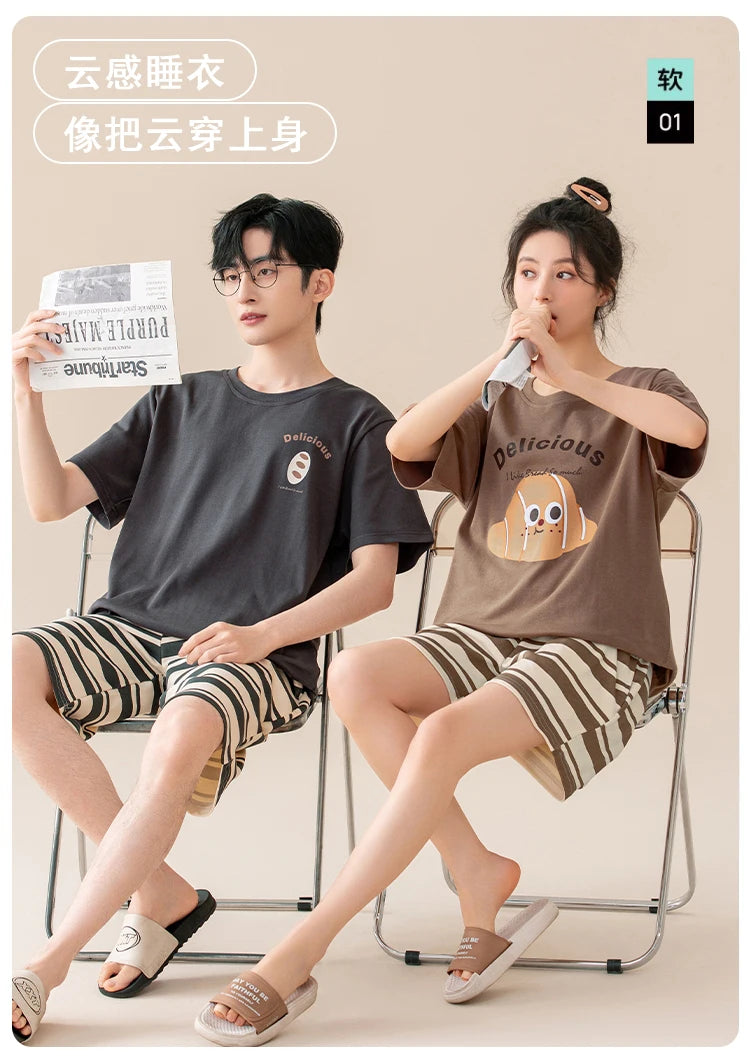 Couple Pajamas Set Summer Short-Sleeved Sleepwear 100% Cotton Men and Women Pyjamas