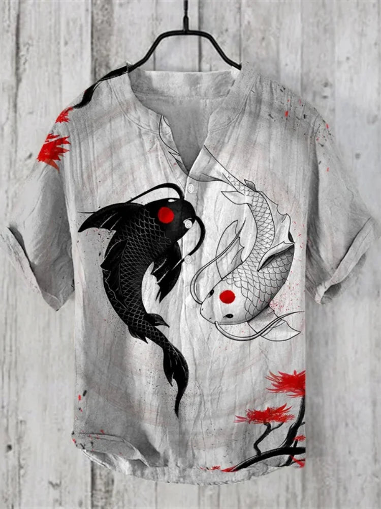 2025 New men's Linen short-sleeved Shirt Fashion Casual Printed Tops European And American Popular Style men's Clothing
