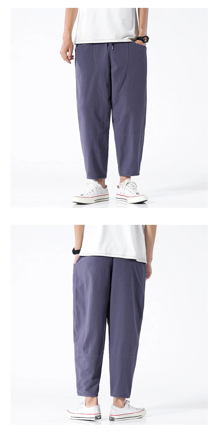 100% Cotton Men's Summer Casual Loose Pants Trendy Japanese Style Cropped Pants for plus Size Men up to 5XL