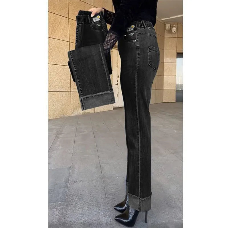 Plus Size Middle Aged Womens Jeans Elastic Waist High Waist Loose Denim Pants