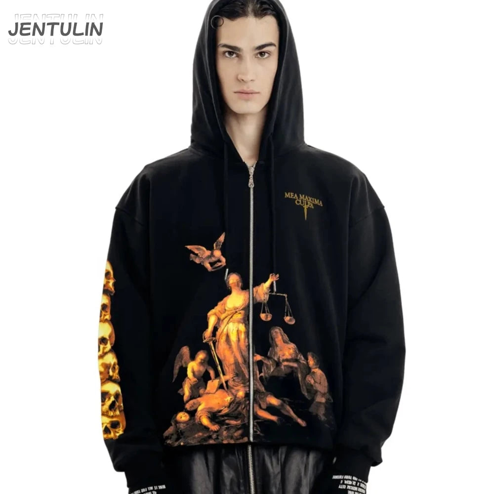 Streetwear Men Zipper Hoodie justice Graphic Print Zip Hooded Pullover Sweatshirt Hip Hop Jacket Y2K Coat Clothing Goth Top Punk