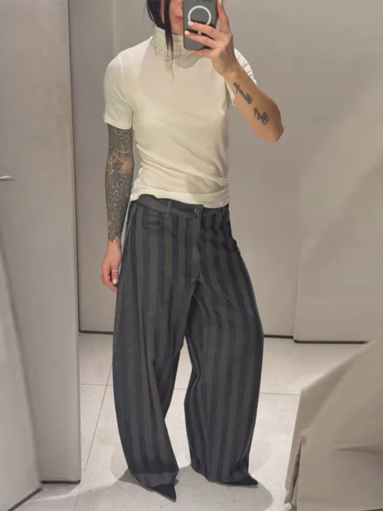 Women Stripe Pants Barrel Leg Pant High-Waist Trousers Loose Fit Woman Clothes Casual Bottom Daily Outfit Lady Clothing Outwear