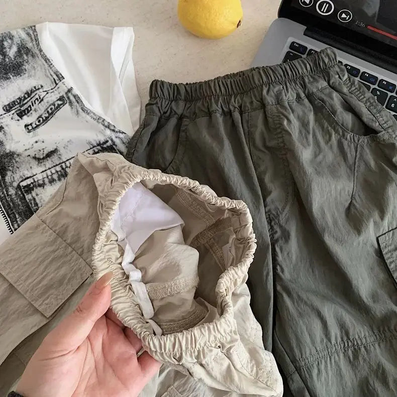 Kids Casual Cargo Shorts Loose Fit Solid Color Multi-Pocket Trousers