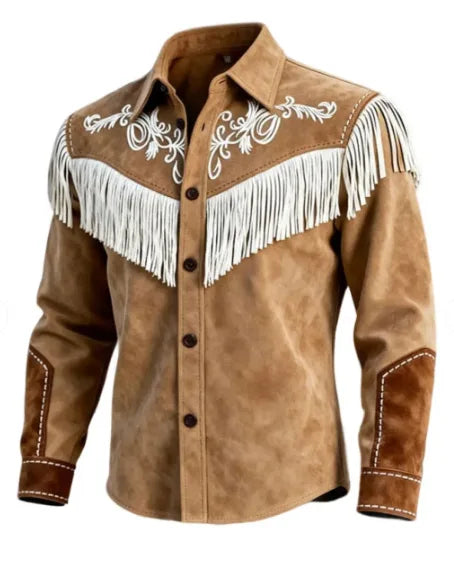 New Men's Tassel Fur Jacket, Western Denim Long Sleeved Jacket, Motorcycle Style Fashionable Patchwork Lapel Top, European Sizes