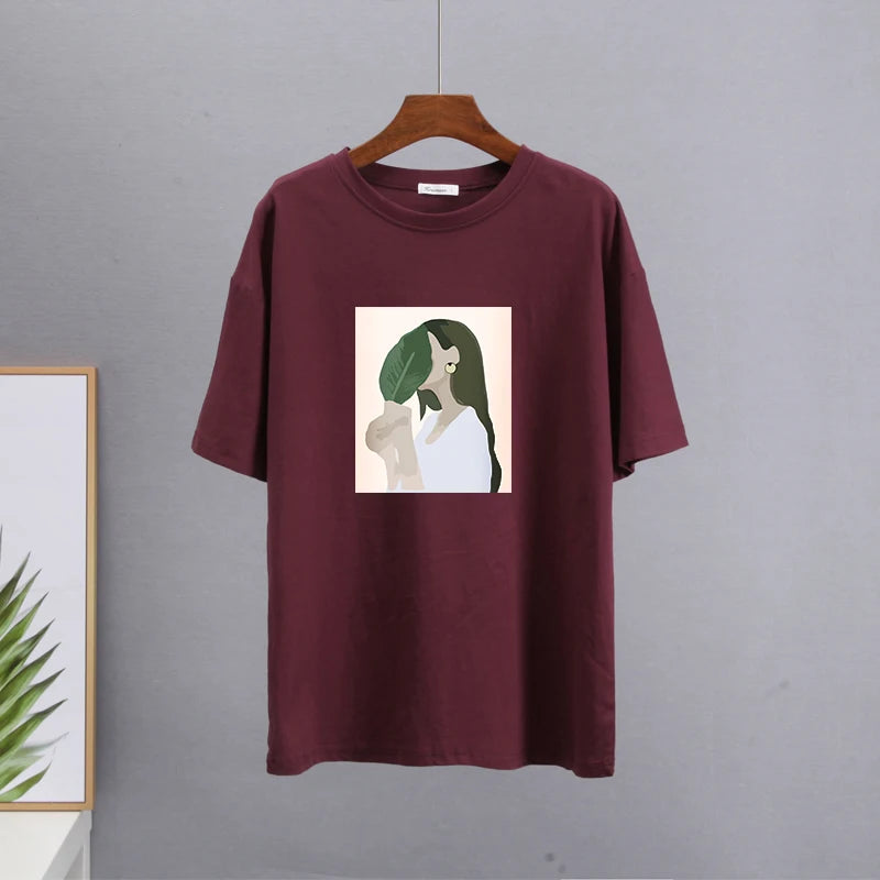Hirsionsan Harajuku Printed T Shirt Women 2023 Summer Chic Tees 100% Cotton Elegant Graphic Clothes Loose Casual Pullover Tops