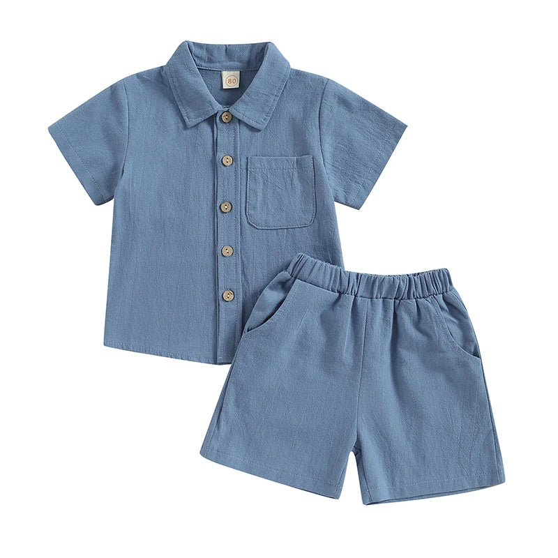 Kids Boys Casual Outfit Set Cotton Baby Boys Costume Summer Boy Clothing Set Short Sleeve Button Shirt with Elastic Waist Shorts