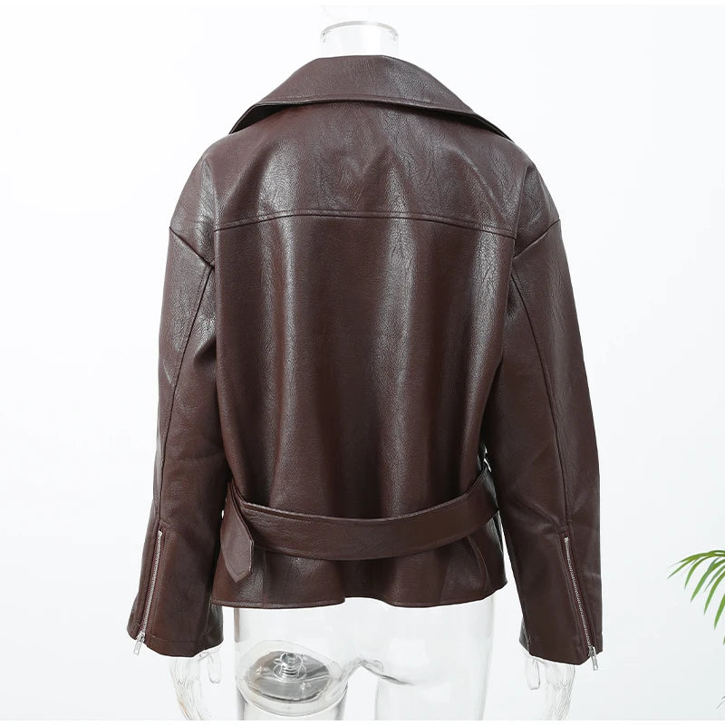 Casual Dark Red  Zipper Leather Short Jackets Women Long Sleeve Lace Up Lapel Loose Button Coat Lady Daily High Street Wear 2026