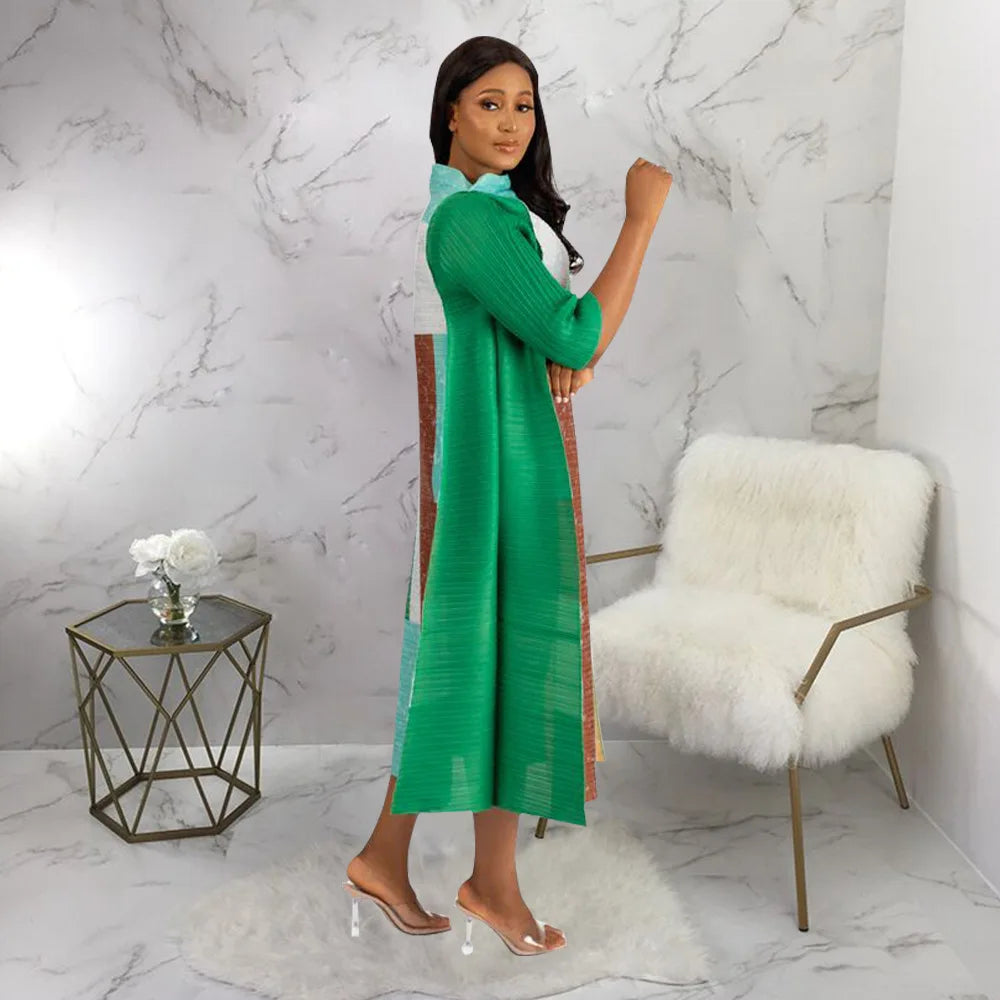 African Dresses for Women Summer Fashion Style African 3/4 Sleeve Polyester O-neck Pleated Dress Dashiki African Clothes Women