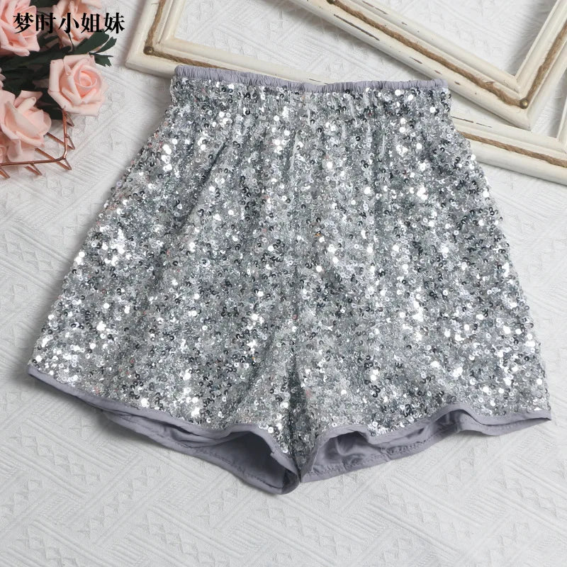 Women's Sexy Sequined Shorts High-waisted Wide-leg Pants Elastic-waisted Casual Hot Pants
