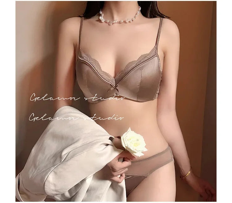 French Women's Lace Seamless Underwear Women's Thin Summer Sexy Lace Satin Anti-sagging Push-up Bra Set Underwear Women Set